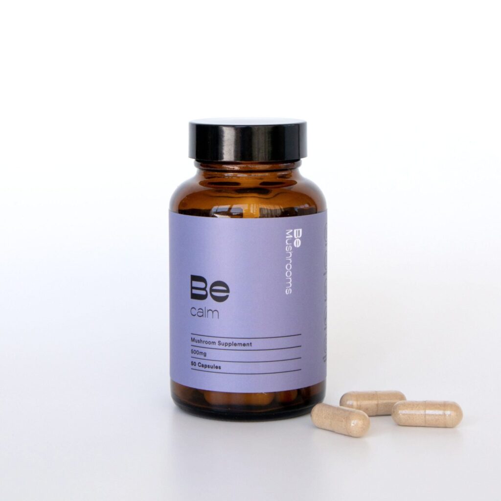 Be Calm model premium wellness supplement container with a secure amber lid