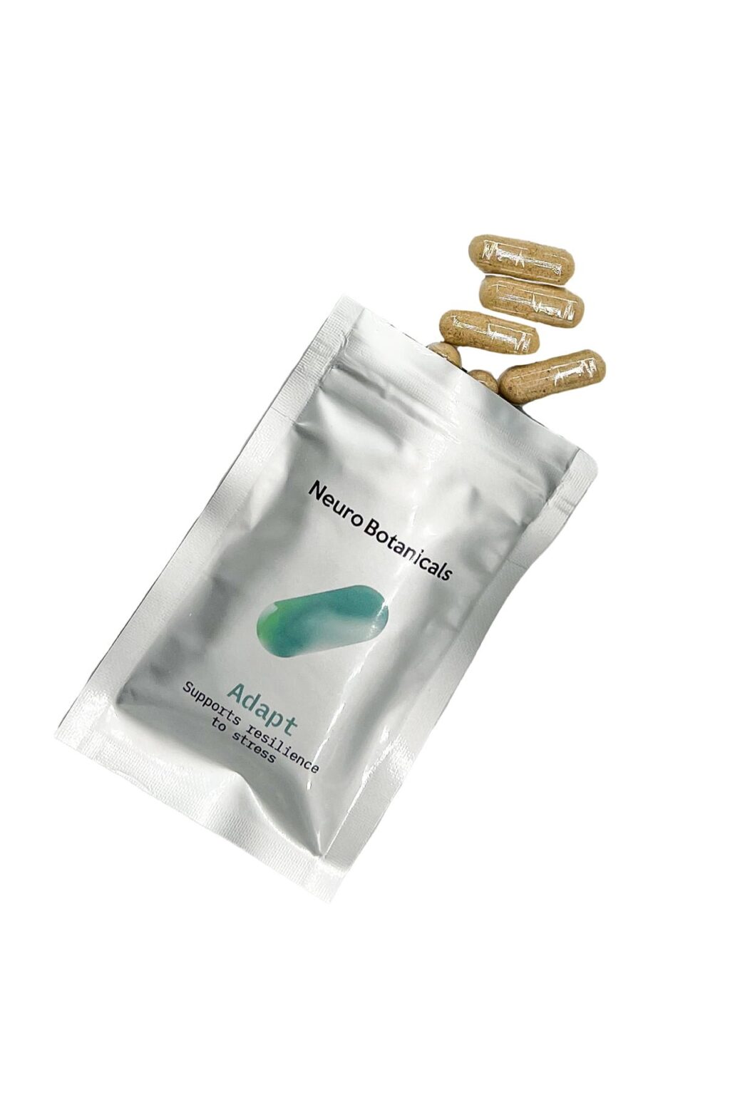 Close up of uniform clear vegetable capsules filled with a finely ground Adapt blend botanical powder